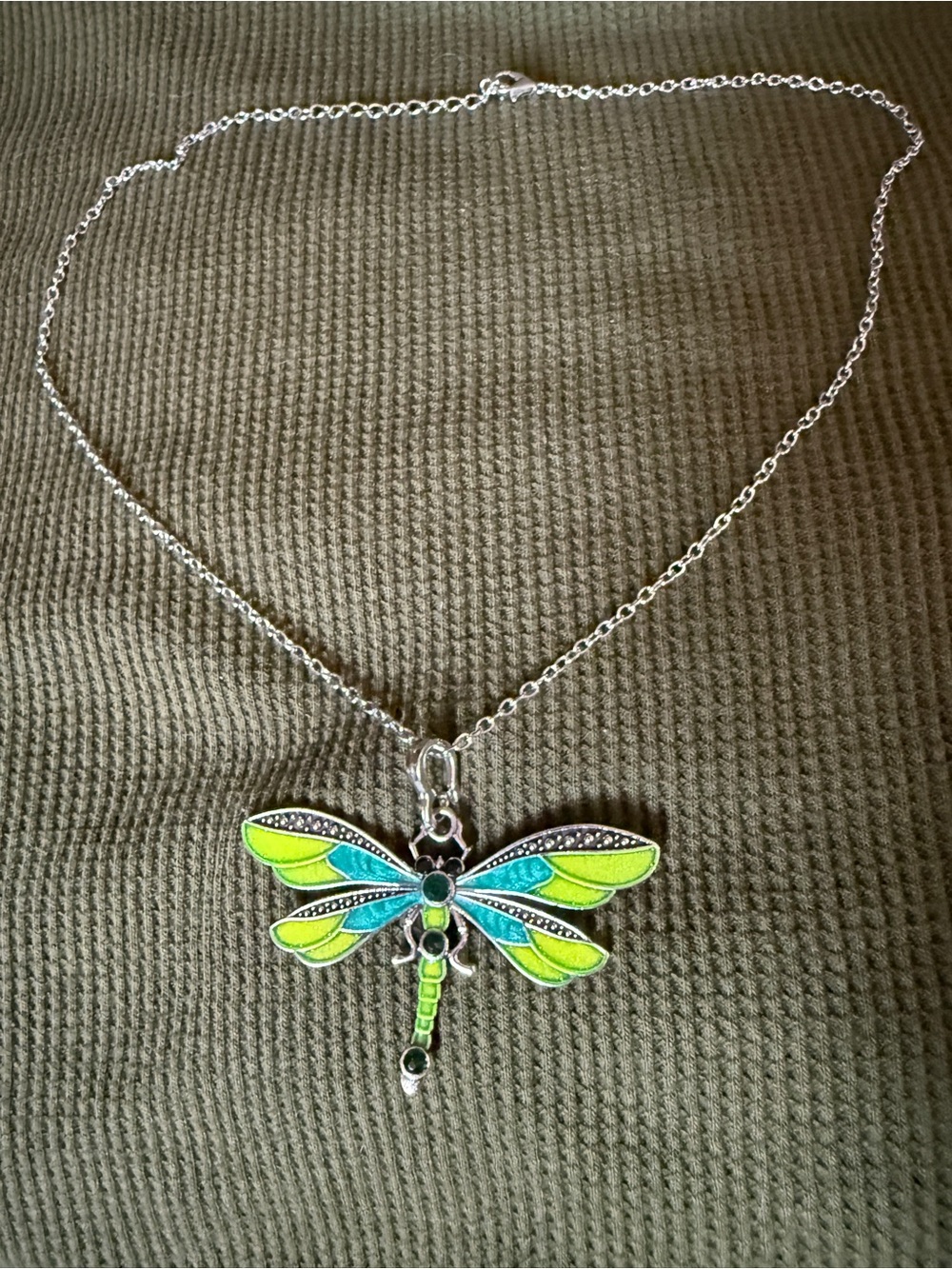 Silver Dragonfly Pendant Necklace in Lime Green & Teal